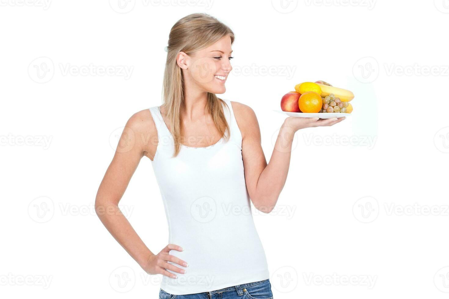 Woman promoting healthy eating habits photo