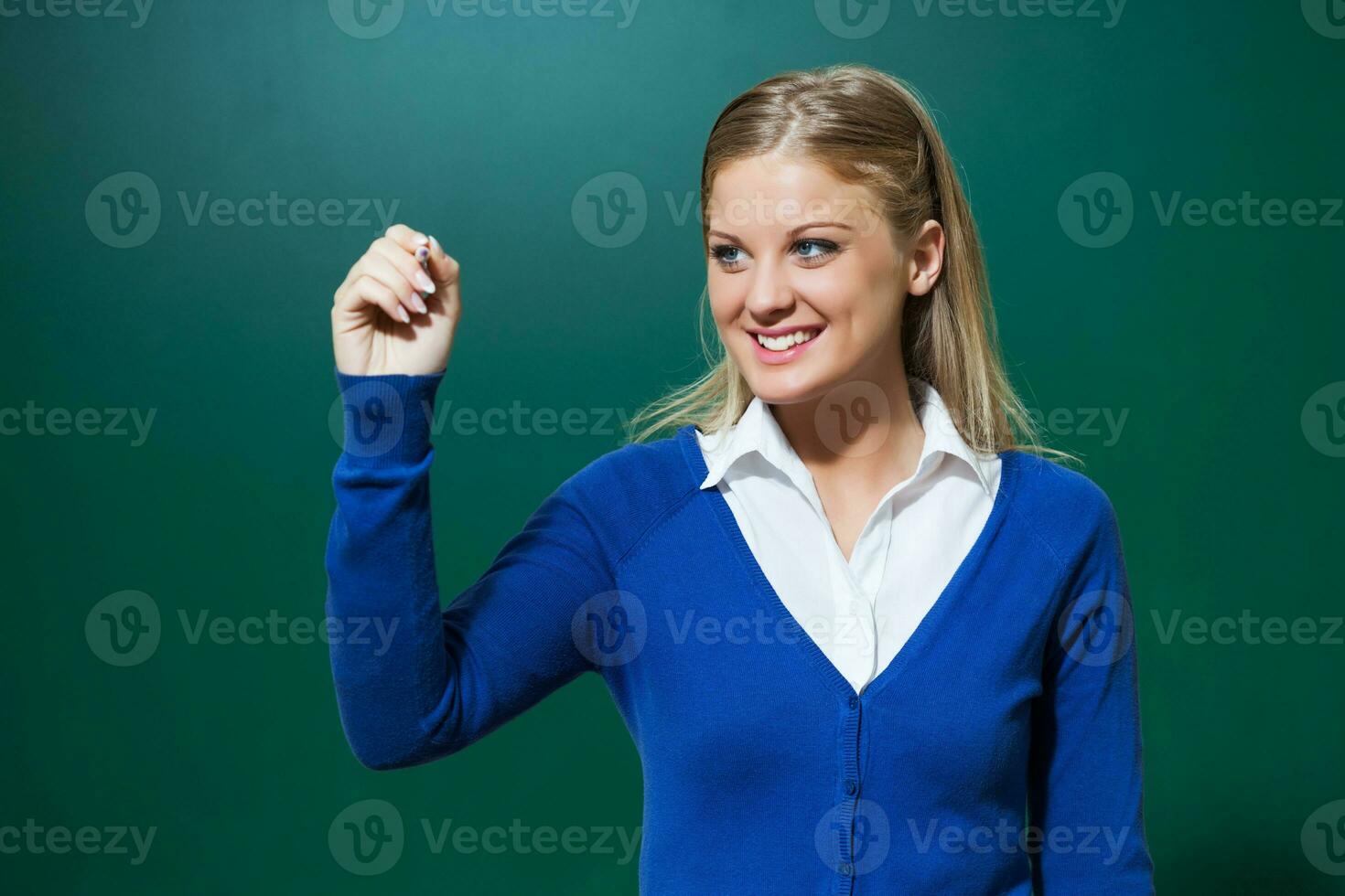 A college student girl with a blue cardigan photo