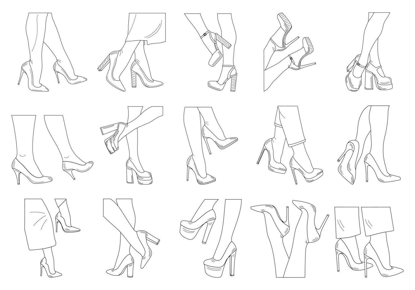 dibujo bosquejo contorno siluetas de hembra piernas. Zapatos tacones de aguja, alto tacones caminando, de pie, correr, saltando, danza vector
