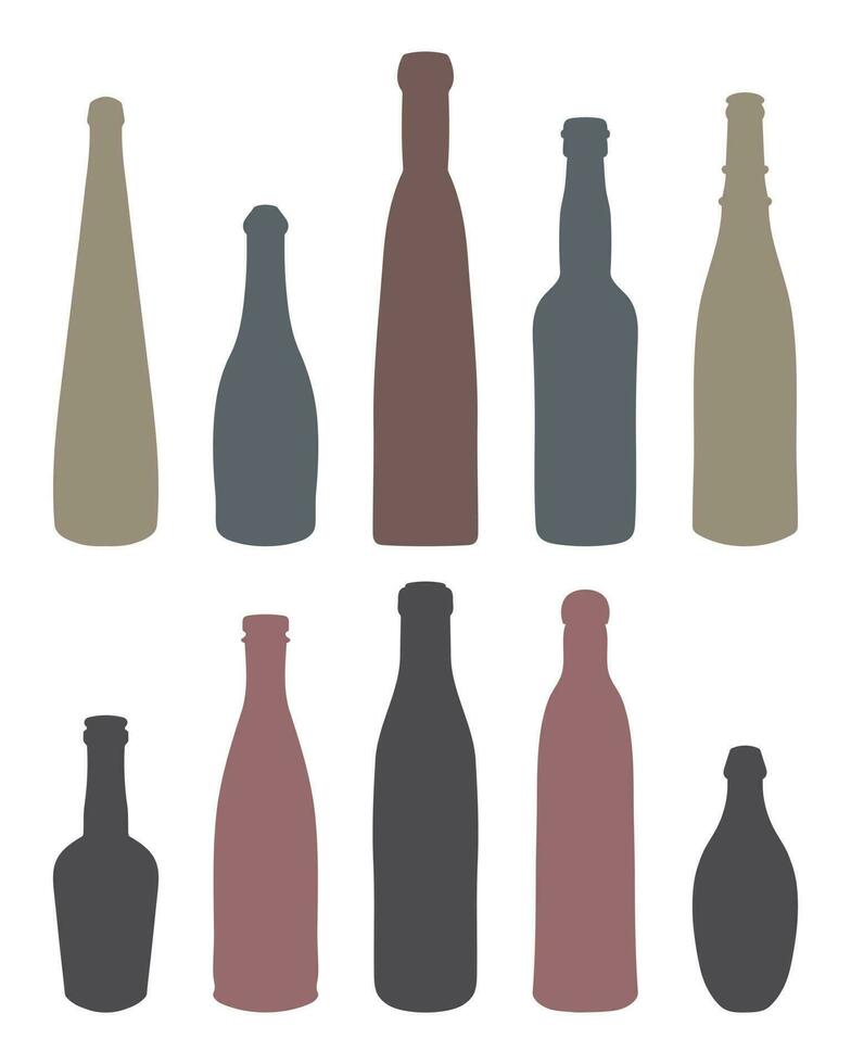 Vector set of colored shape of silhouettes of glass bottles for alcohol, wine, whiskey, vodka, brandy, cognac, beer, kvass, champagne, liqueur