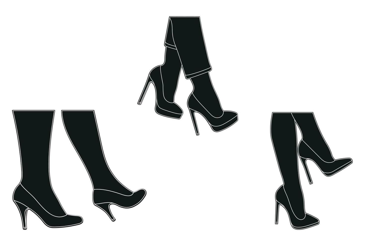 Line art silhouette outline of female legs in a pose. Shoes stilettos, high heels. Walking, standing, running, jumping, dance vector