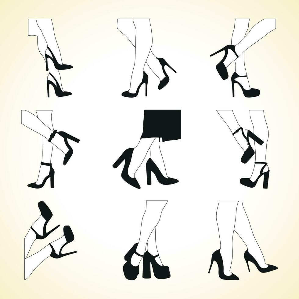 Silhouettes outline of female legs. Shoes stilettos, high heels. Walking, standing, running, jumping, dance vector