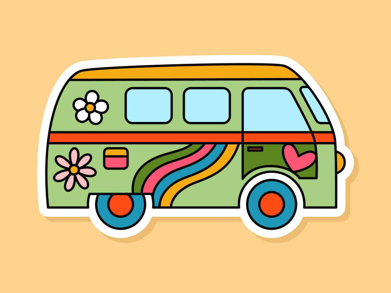 Vector Retro Hippie Van sticker isolated on yellow background. 70s style cartoon camper