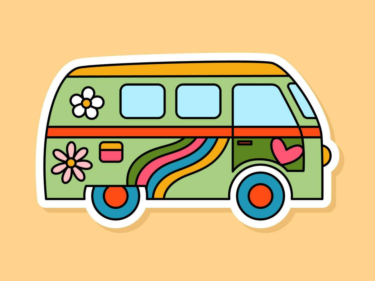 vector retro hippie camioneta pegatina aislado en amarillo antecedentes. 70s estilo dibujos animados camper