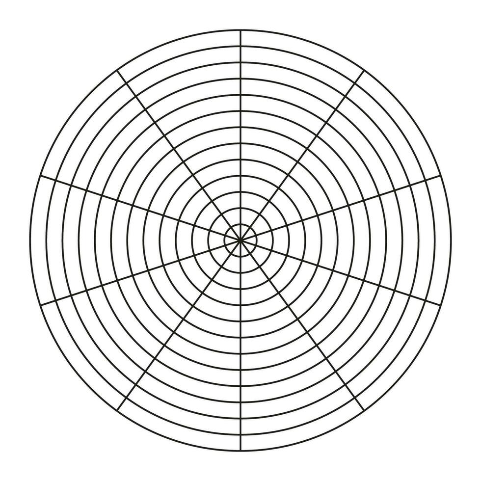 Wheel of life template. Simple coaching tool for visualizing all areas of life. Polar grid of 10 segments and 12 concentric circles. Blank polar graph paper. Circle diagram of life style balance. vector