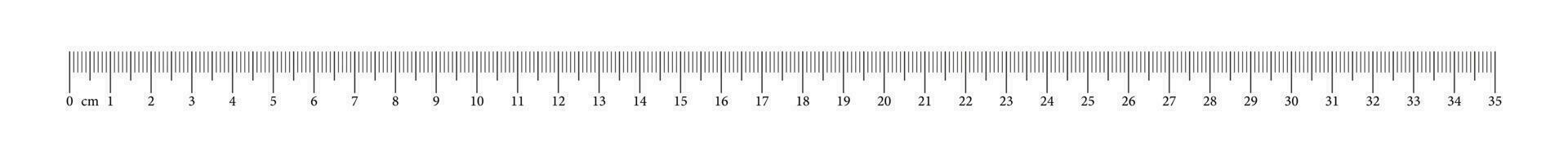 Measuring chart with 35 centimeters. Ruler scale with numbers. Length measurement math, distance, height, sewing tool. Vector illustration.