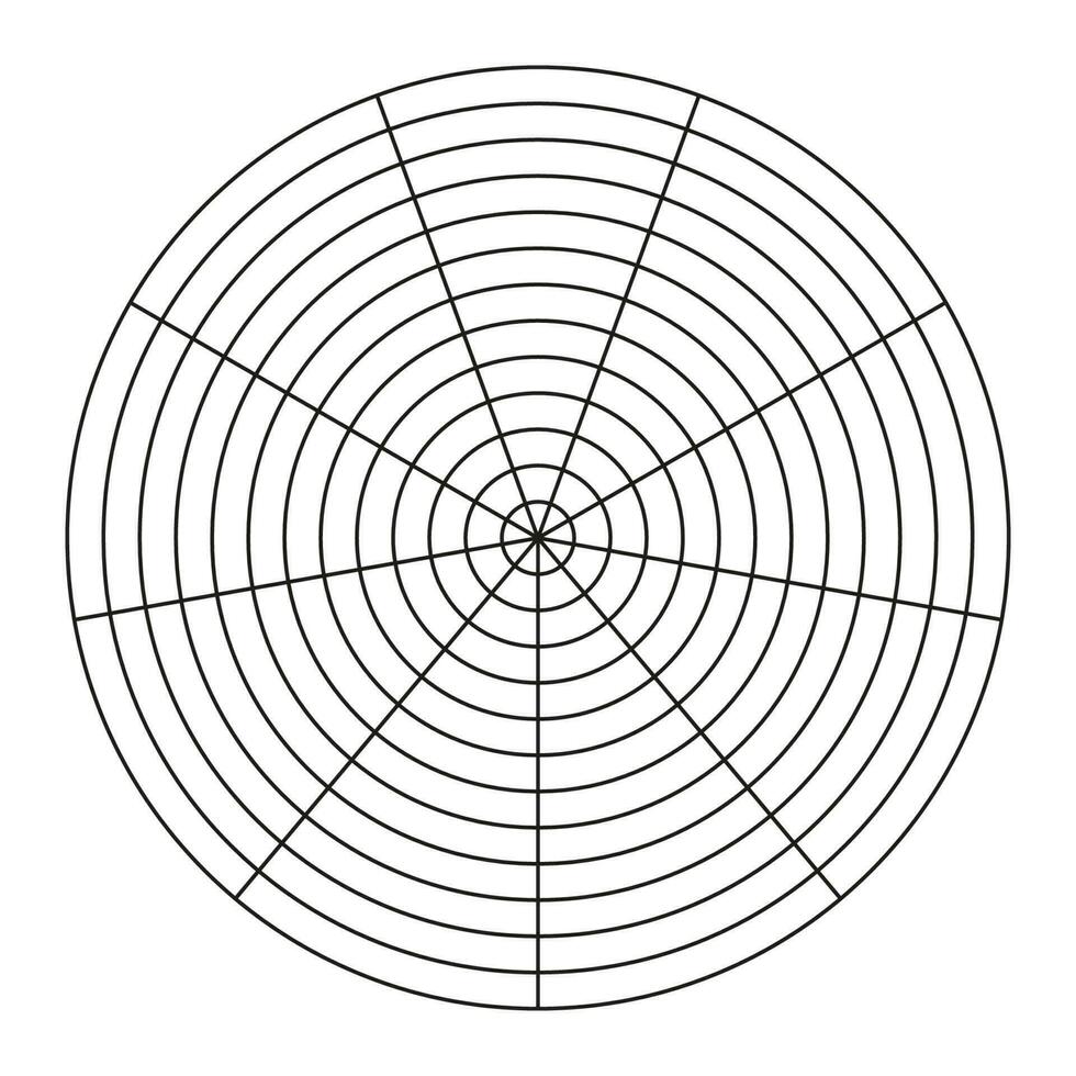 Polar grid of 9 segments and 12 concentric circles. Wheel of life template. Circle diagram of lifestyle balance. Coaching tool. Vector blank polar graph paper.