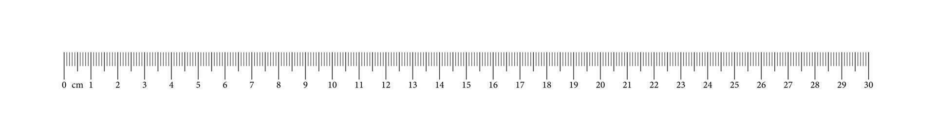Measuring chart with 30 centimeters. Ruler scale with numbers. Length measurement math, distance, height, sewing tool. Graphic vector simple illustration.