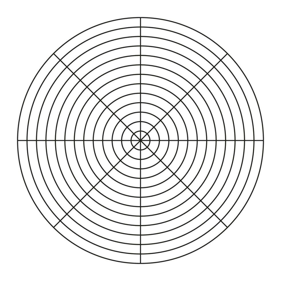 Polar grid of 8 segments and 12 concentric circles. Circle diagram of lifestyle balance. Wheel of life template. Vector blank polar graph paper. Coaching tool.