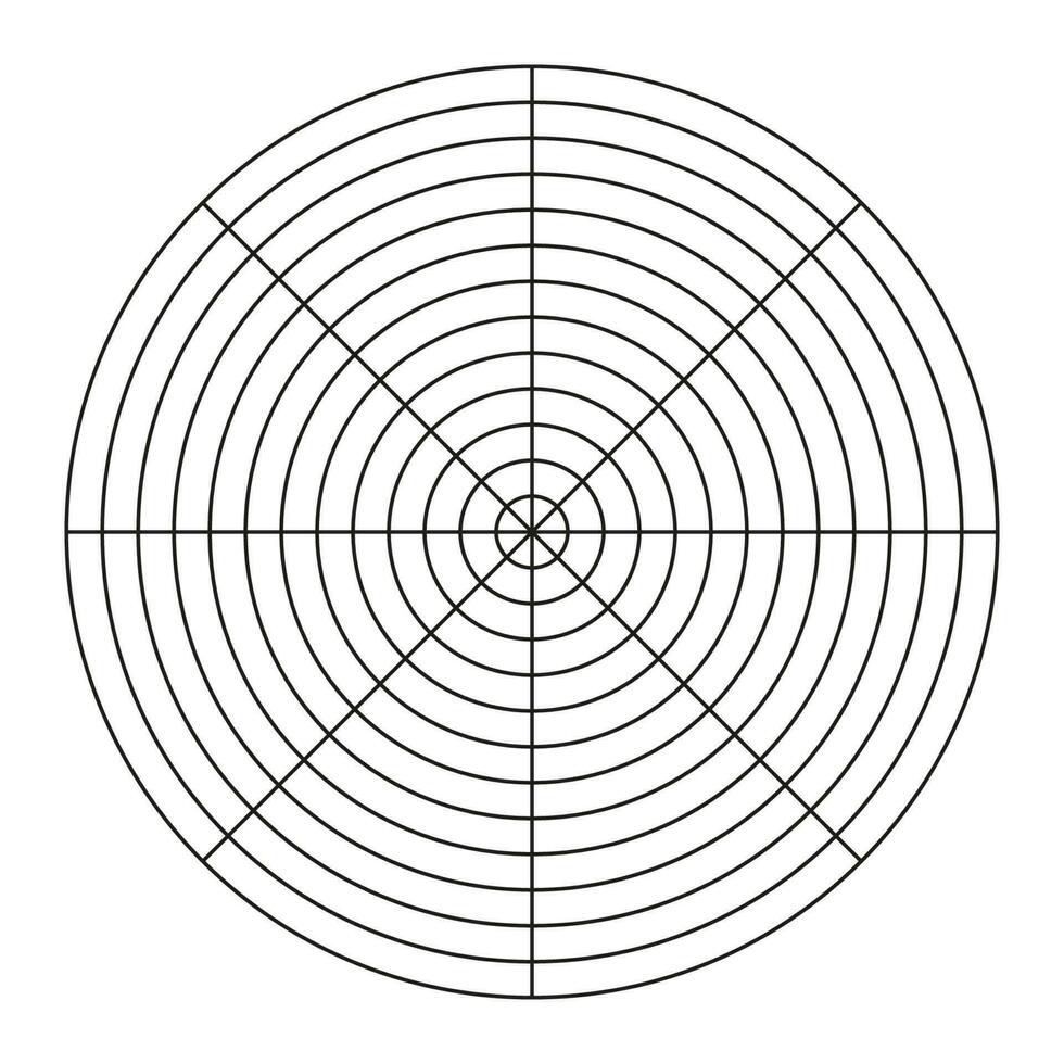 polar cuadrícula de 8 segmentos y 12 concéntrico círculos circulo diagrama de estilo de vida balance. rueda de vida modelo. vector blanco polar grafico papel. entrenamiento herramienta.