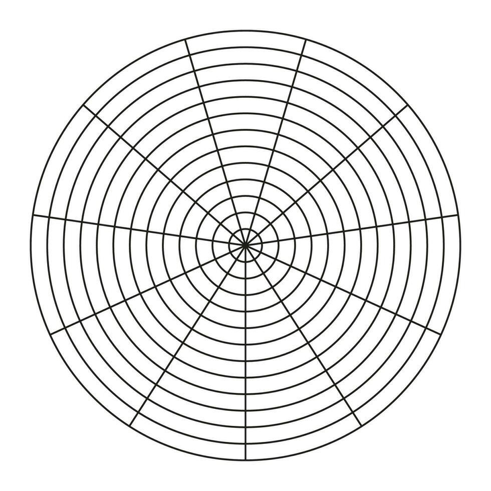 Polar grid of 11 segments and 12 concentric circles. Wheel of life template. Circle diagram of lifestyle balance. Coaching tool. Vector blank polar graph paper.