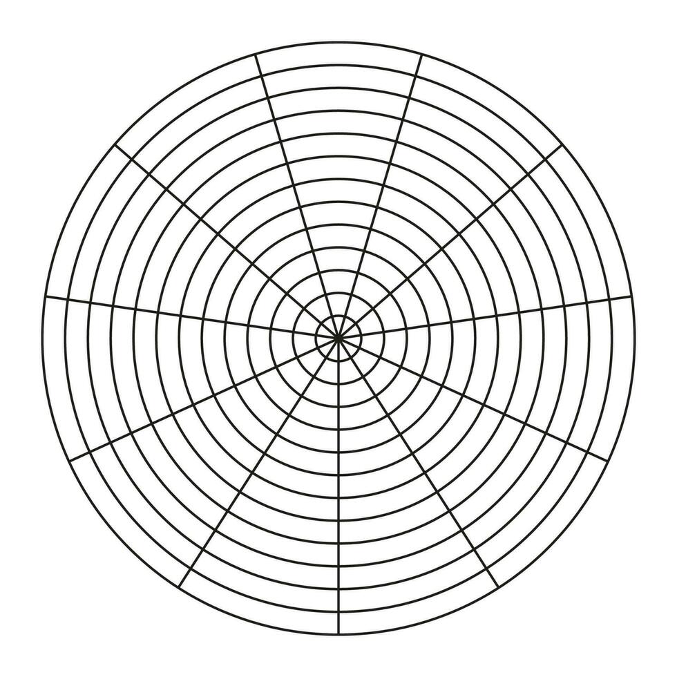 polar cuadrícula de 11 segmentos y 12 concéntrico círculos rueda de vida modelo. circulo diagrama de estilo de vida balance. entrenamiento herramienta. vector blanco polar grafico papel.