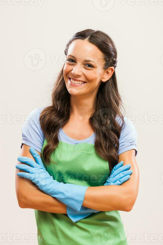 A woman ready to start cleaning photo