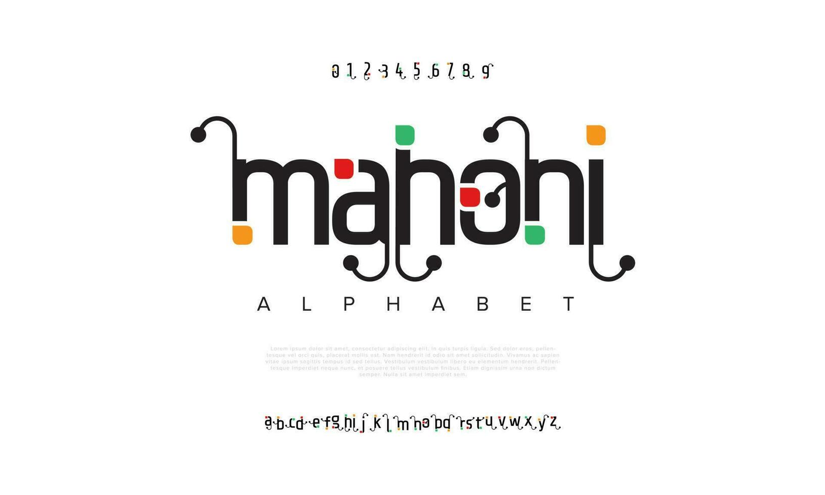 Mahoni abstract digital technology logo font alphabet. Minimal modern urban fonts for logo, brand etc. Typography typeface uppercase lowercase and number. vector illustration