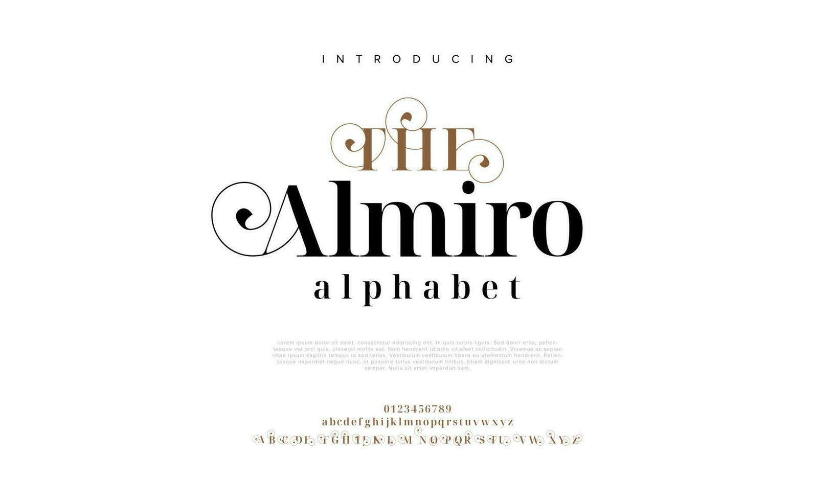 elegante almiro alfabeto letras fuente y número. clásico letras mínimo Moda diseños tipografía moderno serif fuentes decorativo Clásico diseño concepto. vector ilustración