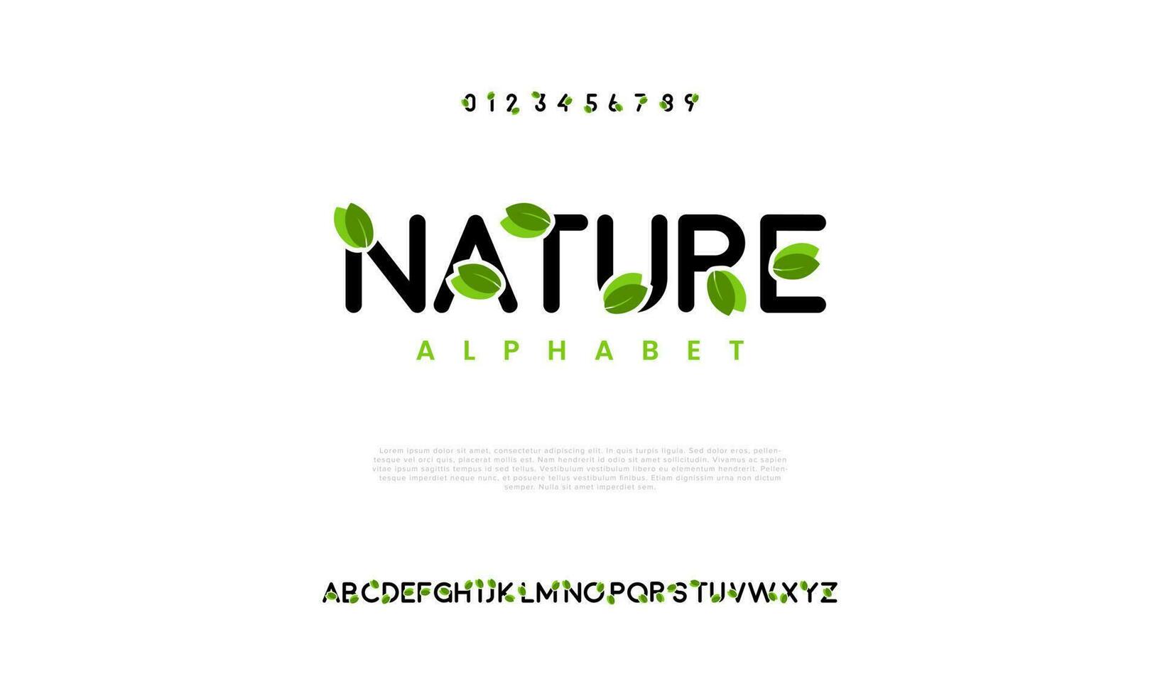 Nature leaf green forest abstract digital technology logo font alphabet. Minimal modern urban fonts for logo, brand etc. Typography typeface uppercase lowercase and number. vector illustration