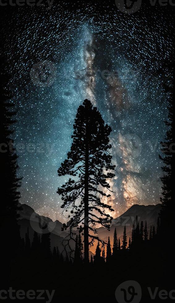the Milky Way galaxy stretching across the night sky, with silhouetted trees and mountains in the foreground smartphone background lock screen wallpaper illustration photo