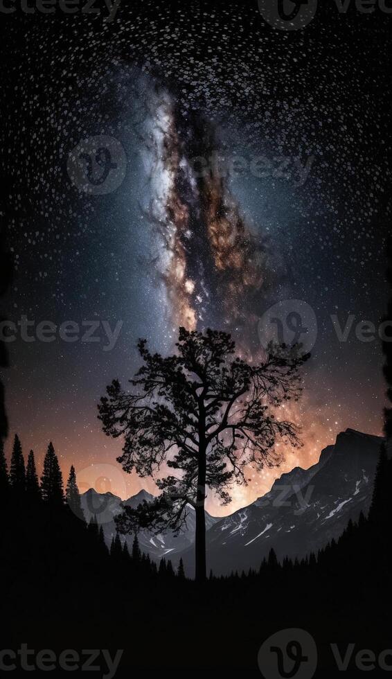 the Milky Way galaxy stretching across the night sky, with silhouetted trees and mountains in the foreground smartphone background lock screen wallpaper illustration photo