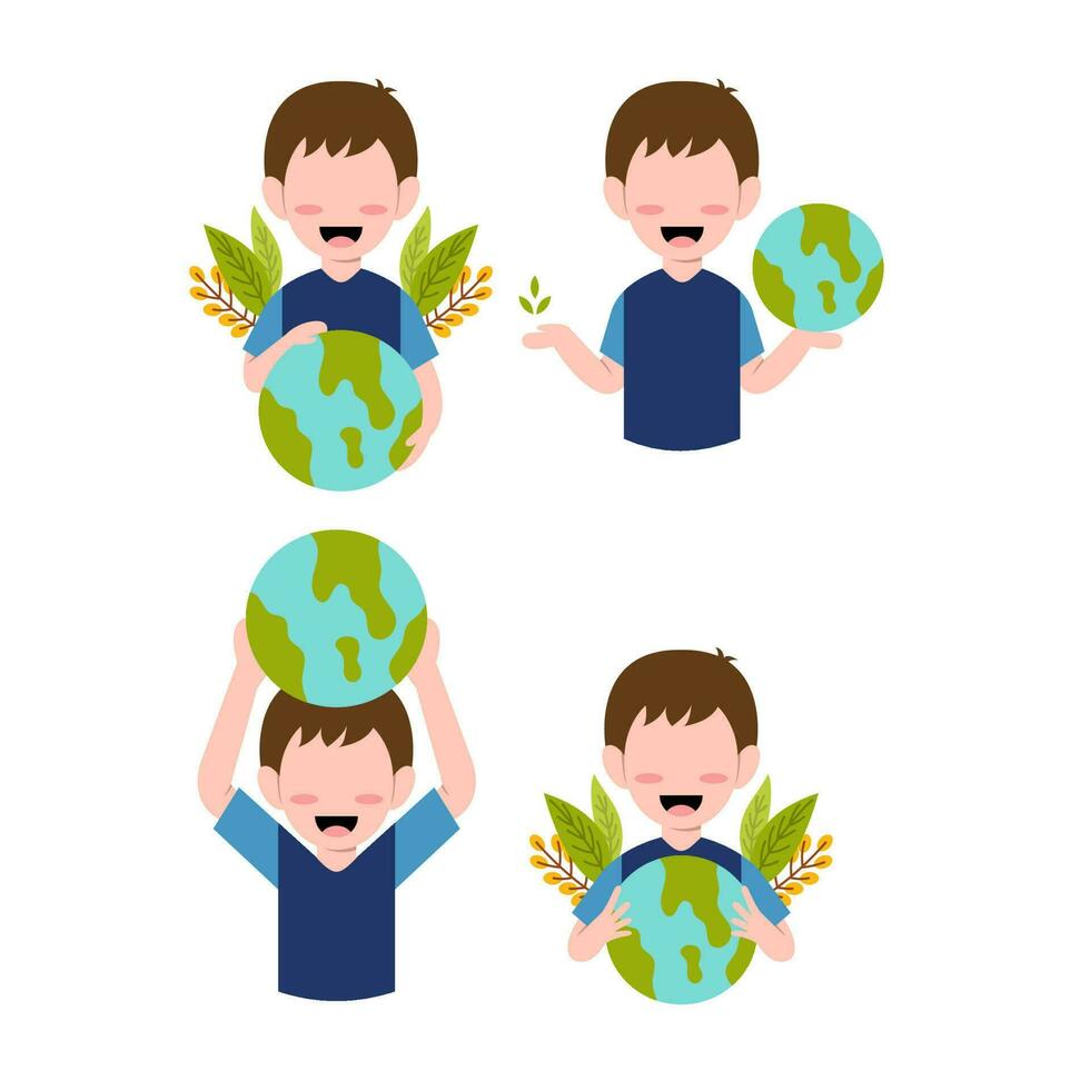 Set Of Little Boy Character For Save Planet Concept vector