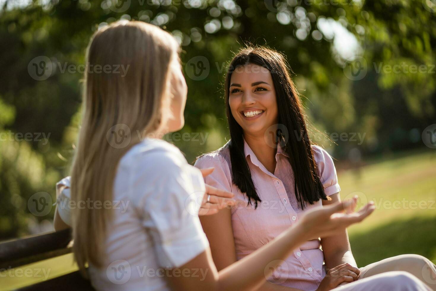 Business colleagues talking on the park on a break. photo