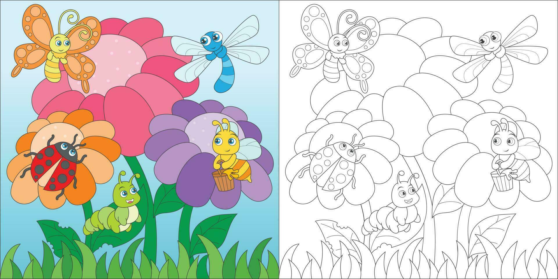 coloring insect on flowers vector