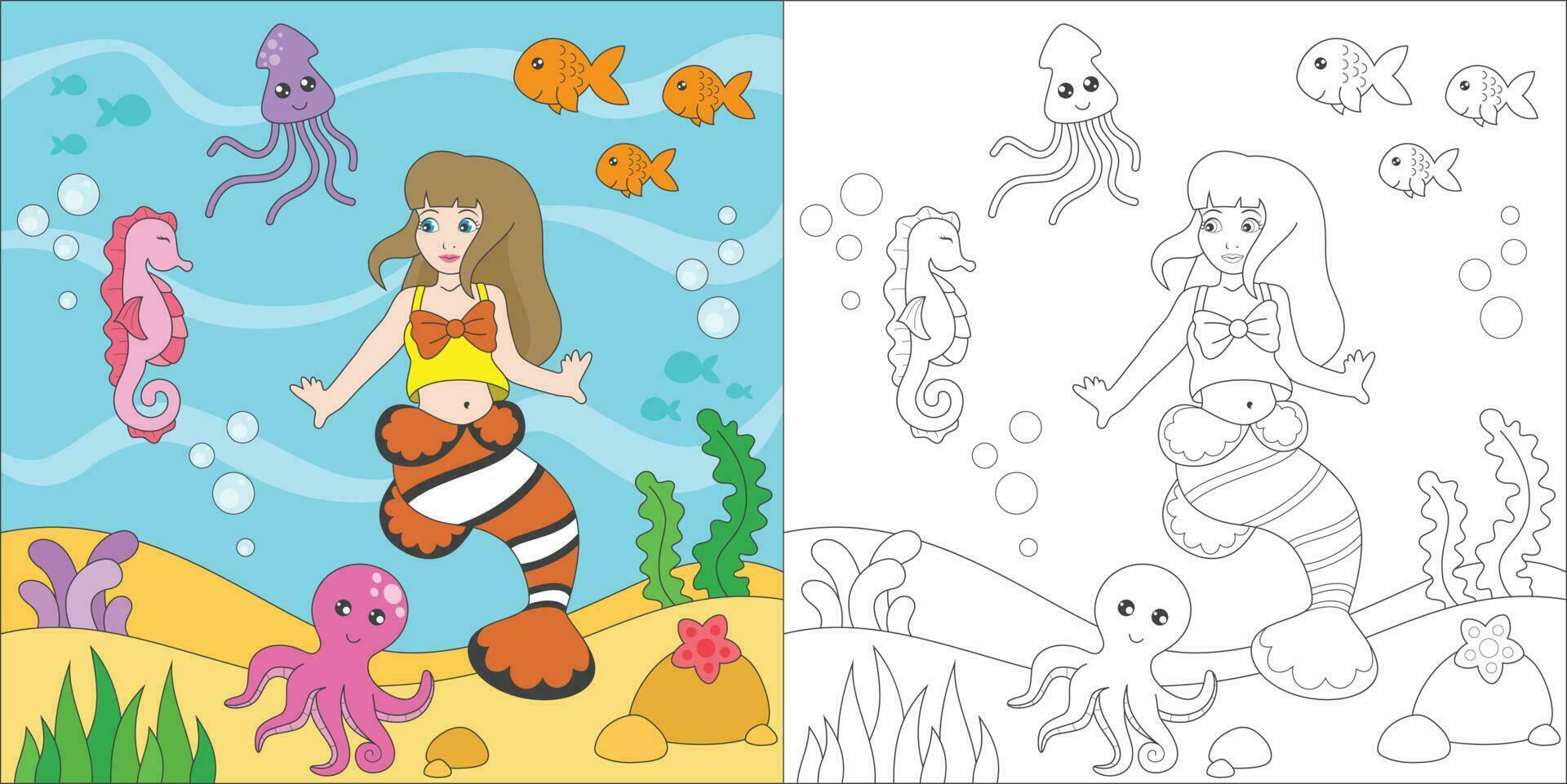 trace and color clown fish mermaid vector