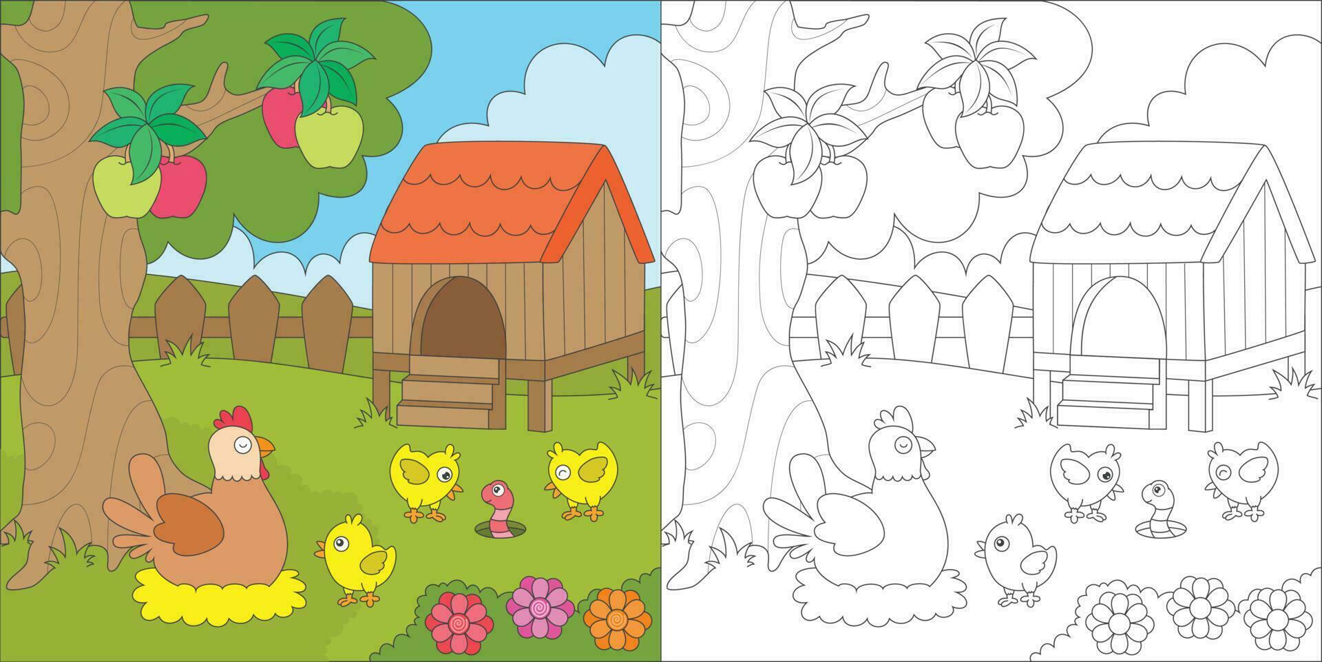 coloring hen and chicken vector