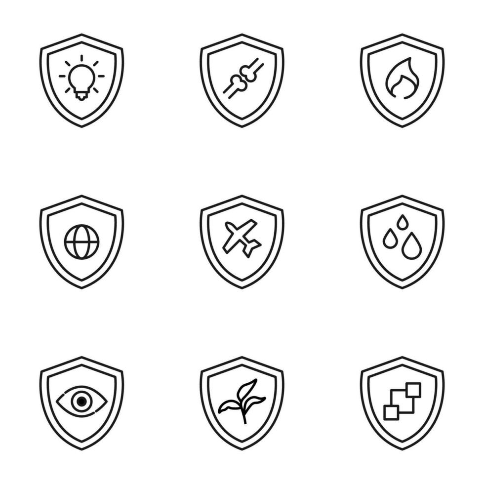 Vector outline signs and symbols drawn in flat style with black thin line. Editable strokes. Line icons of light bulb, knuckles, flame, globe and other items inside of shield or armor