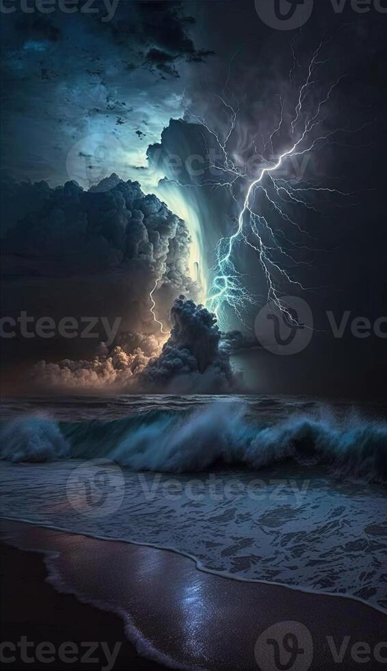 thunderstorm over the ocean lightning illuminating the sky and waves crashing against the shore smartphone phone original fantasy unique background lock screen wallpaper illustration photo
