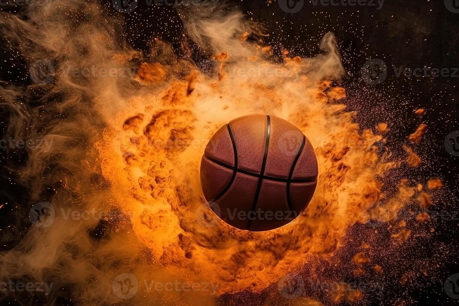 top view of a basketball ball slam dunk in the basket in explosion of energy and fire illustration photo
