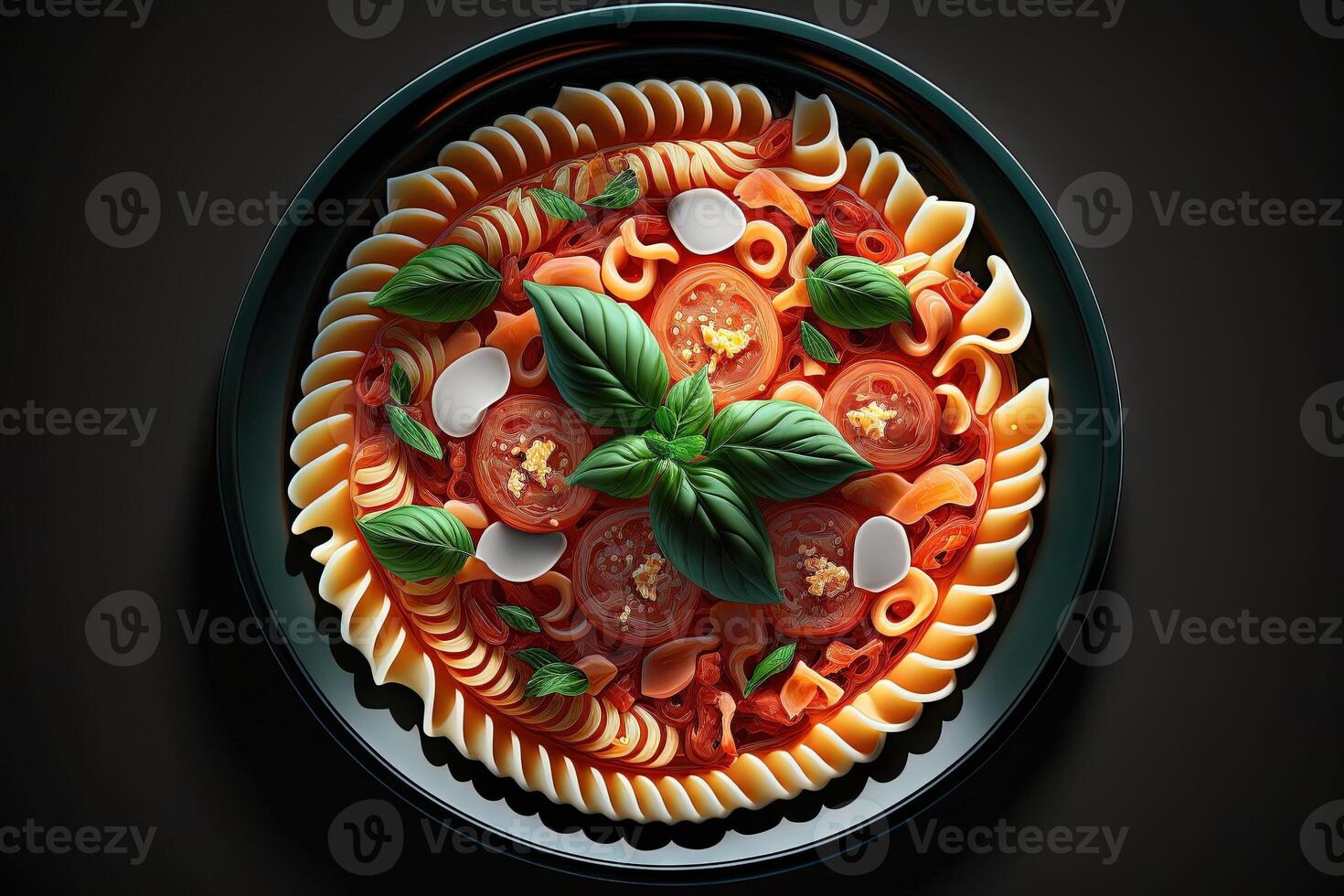 Tomato Pasta plate view from the top isolated on black background illustration photo