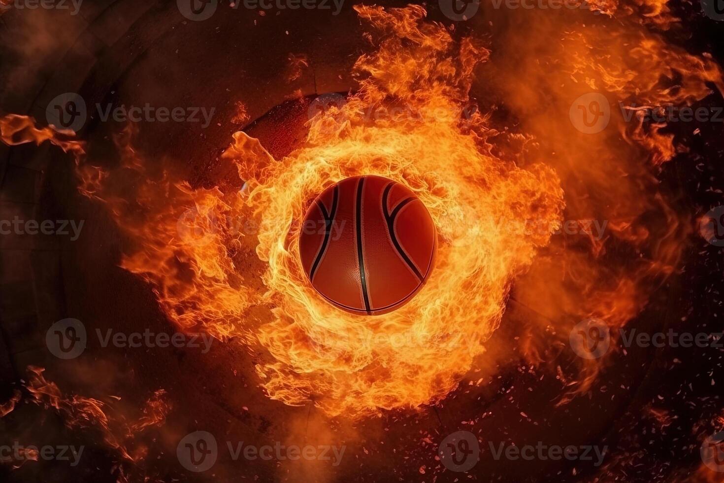 top view of a basketball ball slam dunk in the basket in explosion of energy and fire illustration photo