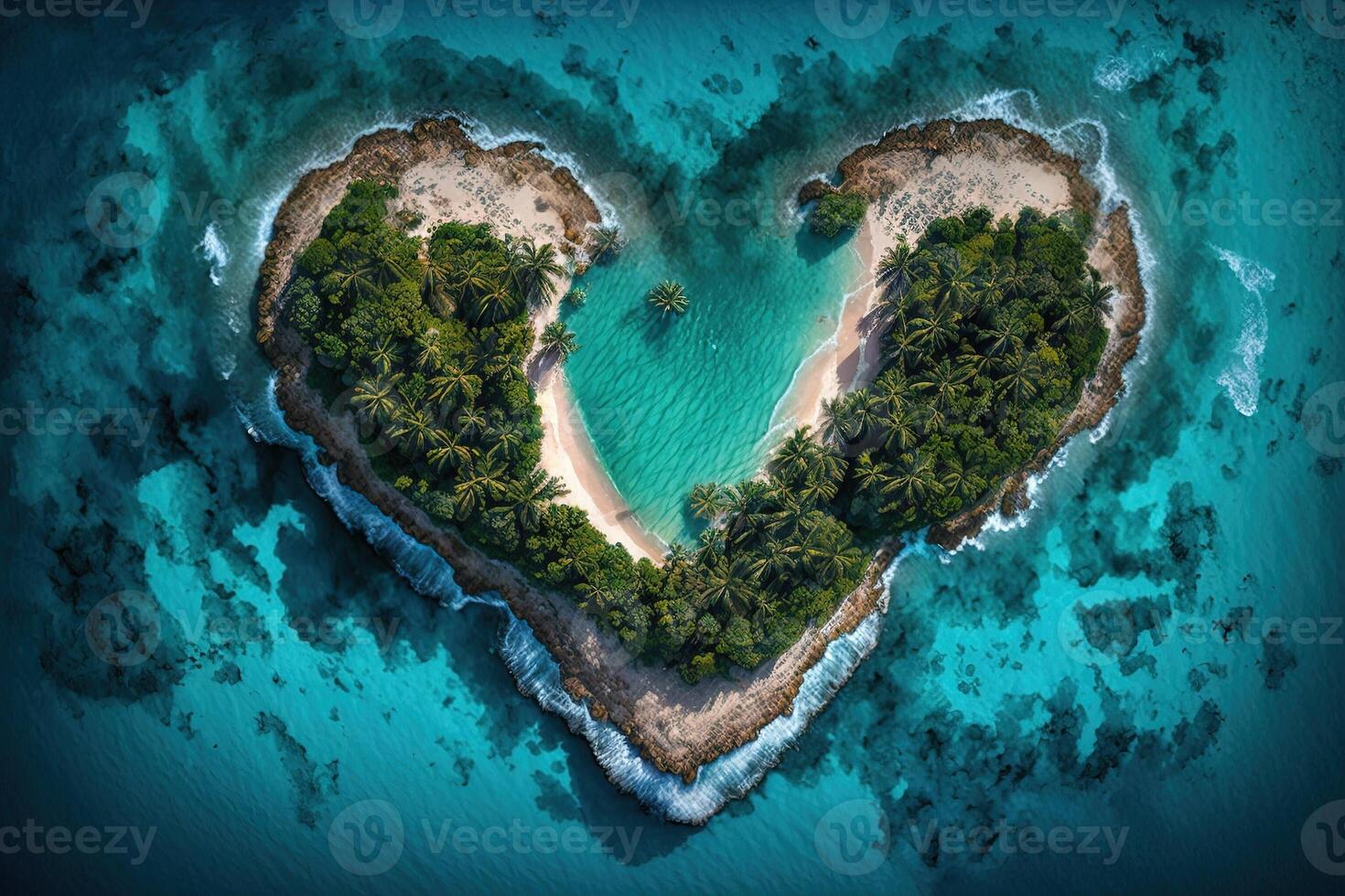 Tropical Island heart shaped aereial view, turquoise ocean illustration photo