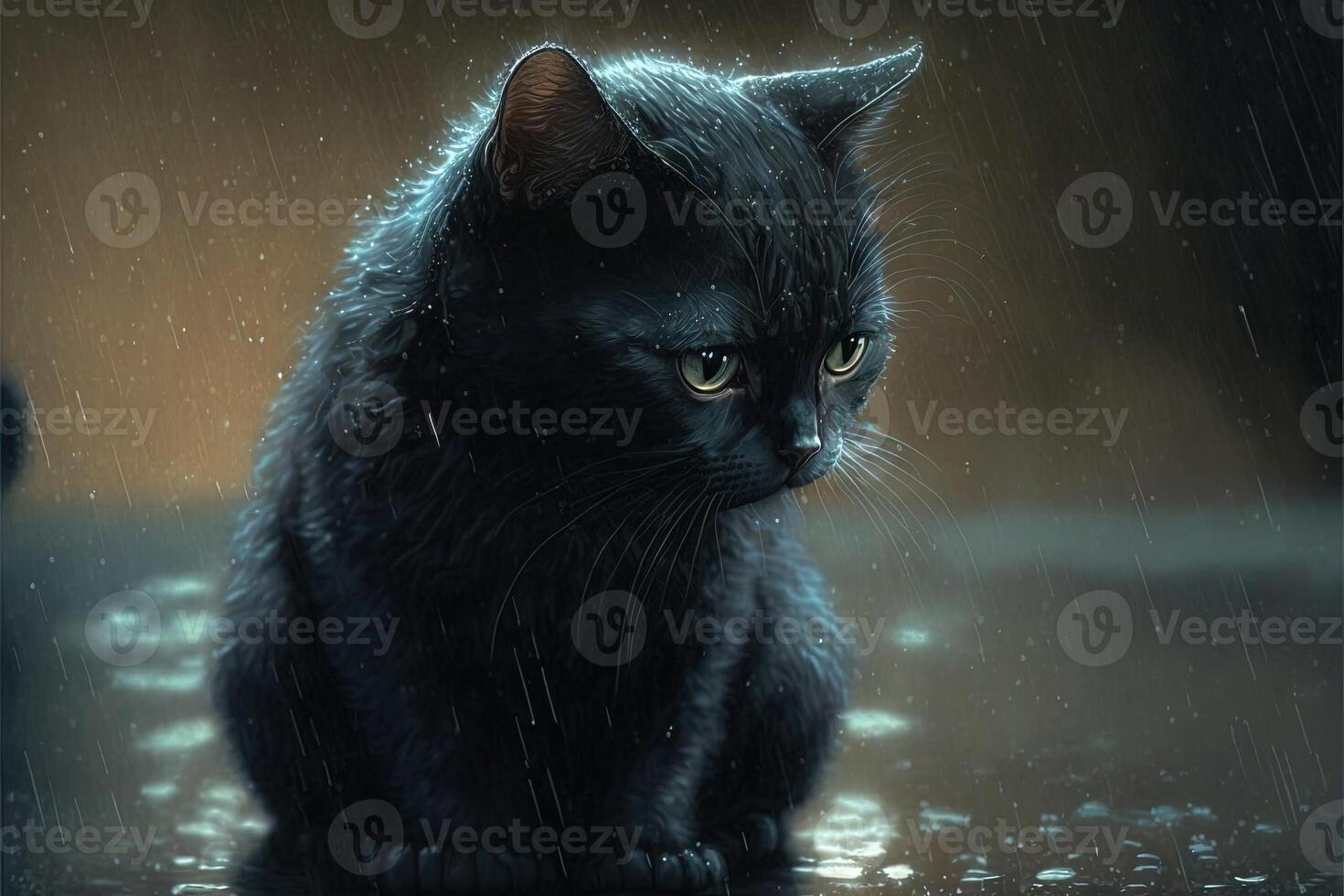 black cat, sad lonely abandoned, under the rain illustration photo