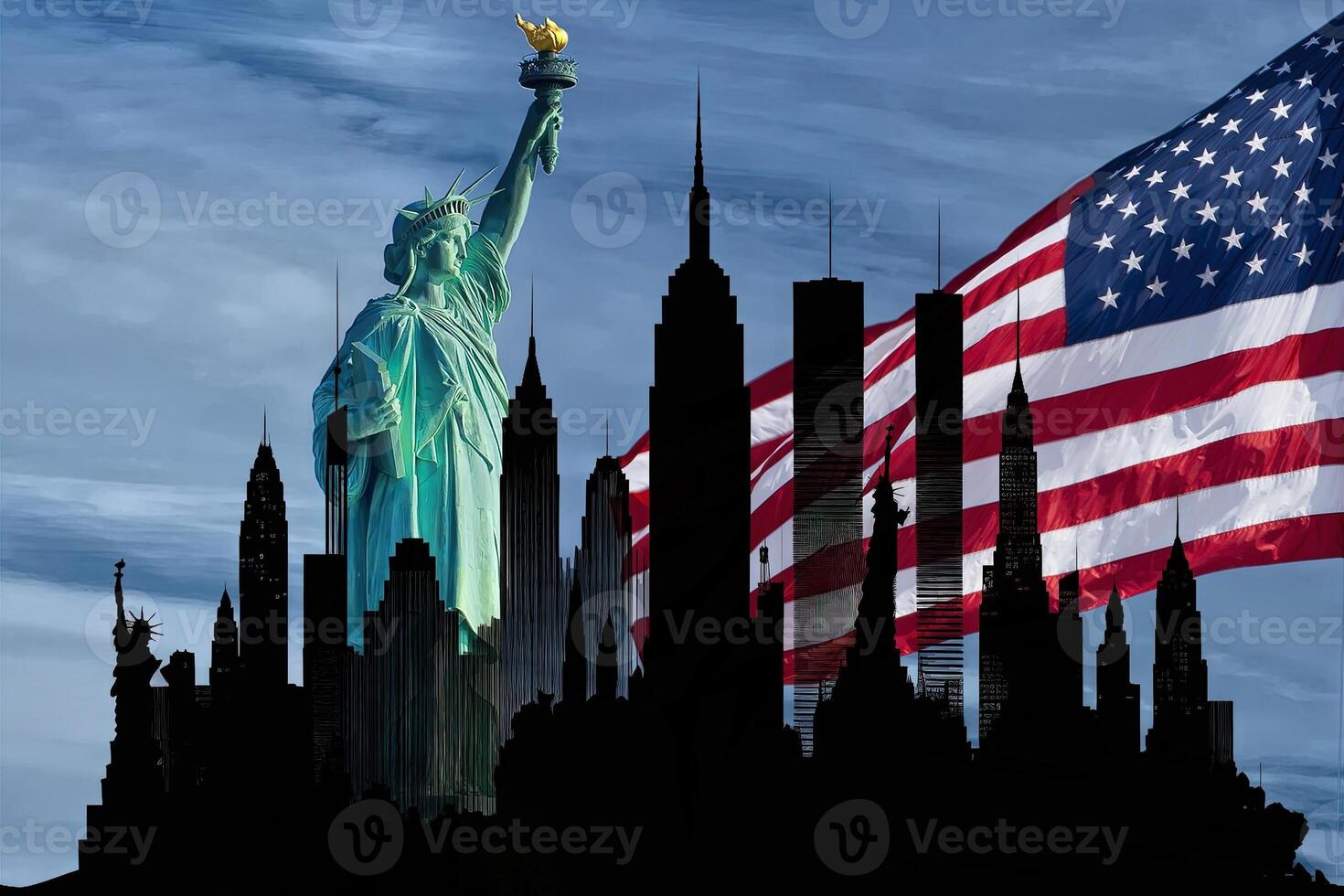 silhouette cityscape off new york city with statue of liberty and flag background illustration photo