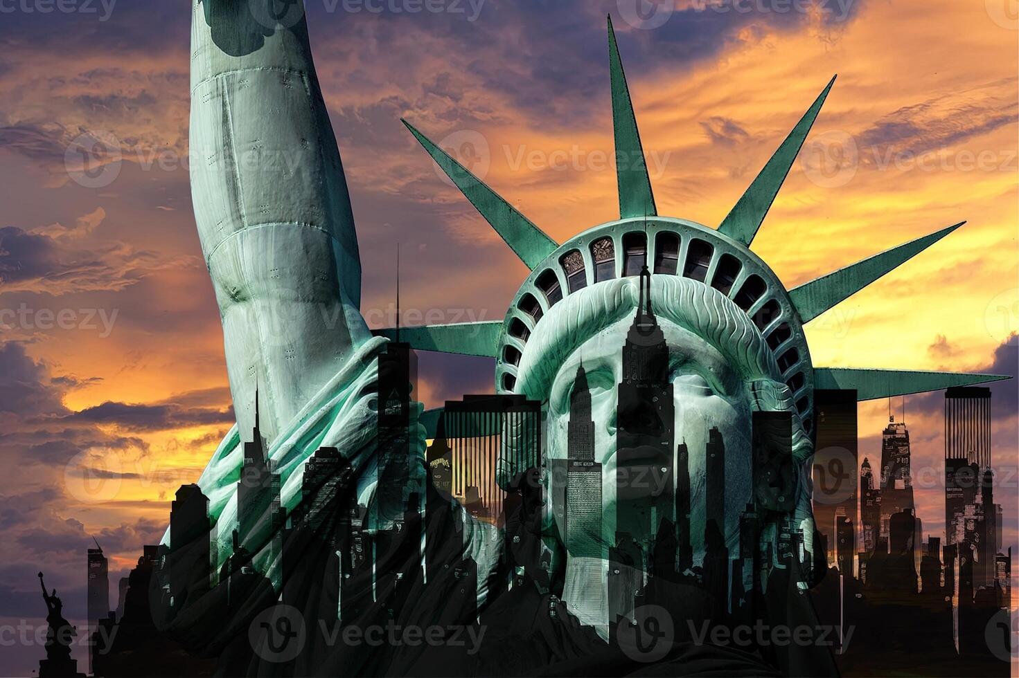 silhouette cityscape off new york city with statue of liberty and flag background illustration photo