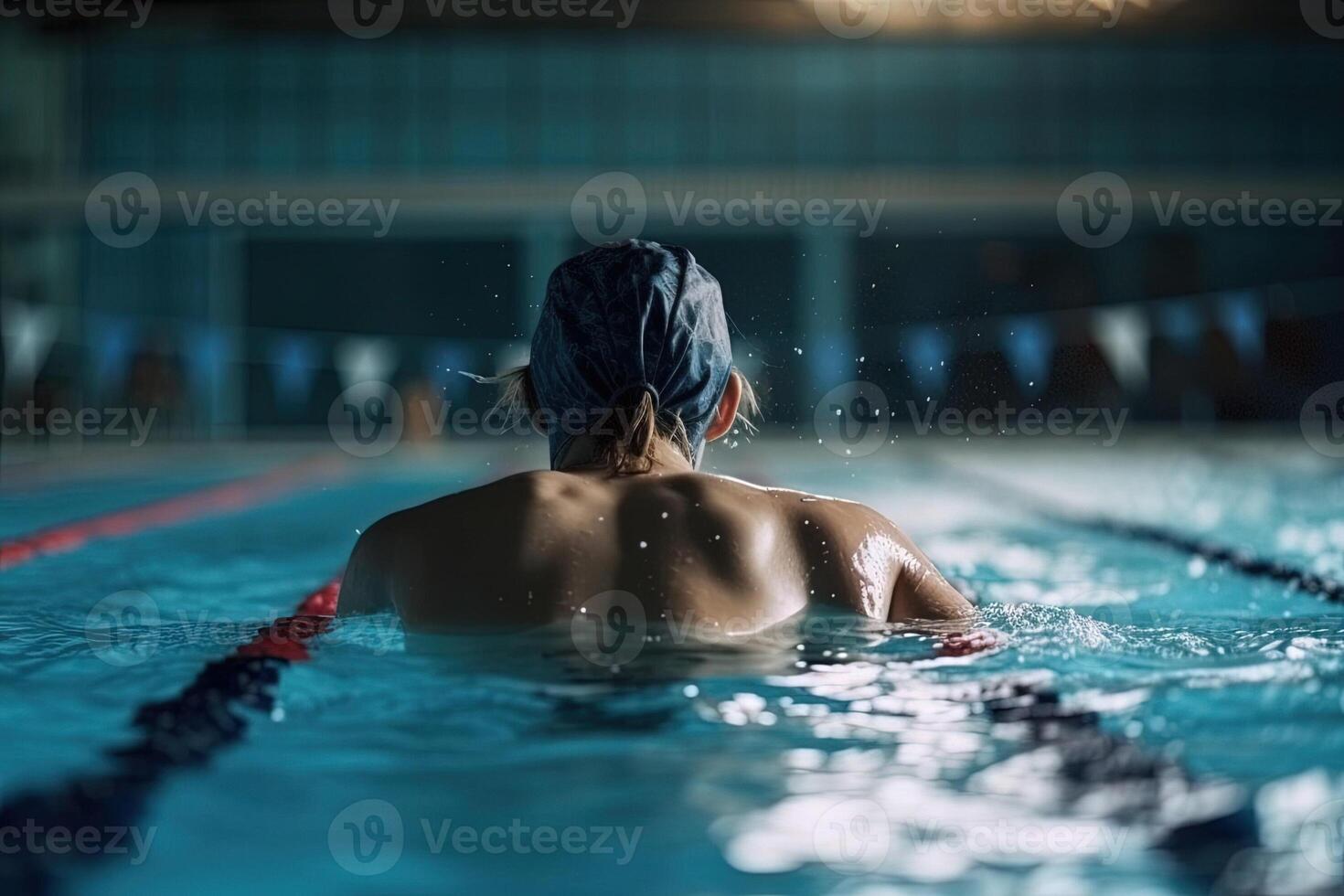 espalda ver de muscular nadador en nadando gorra y gafas de protección formación a nadando piscina ilustración generativo ai foto