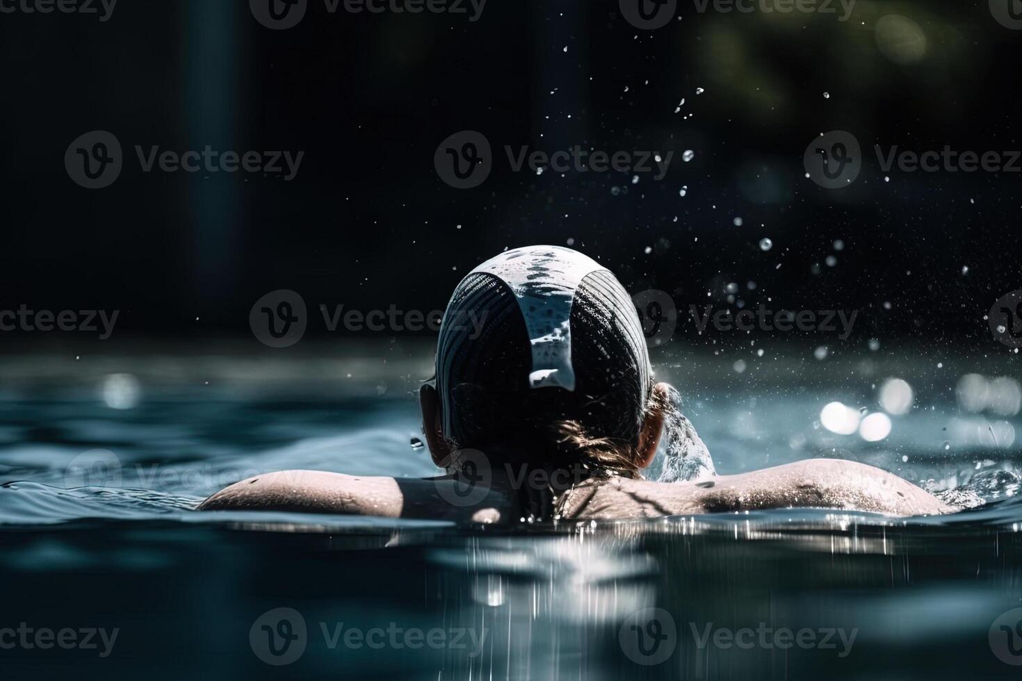 back view of muscular swimmer in swimming cap and goggles training at swimming pool illustration photo