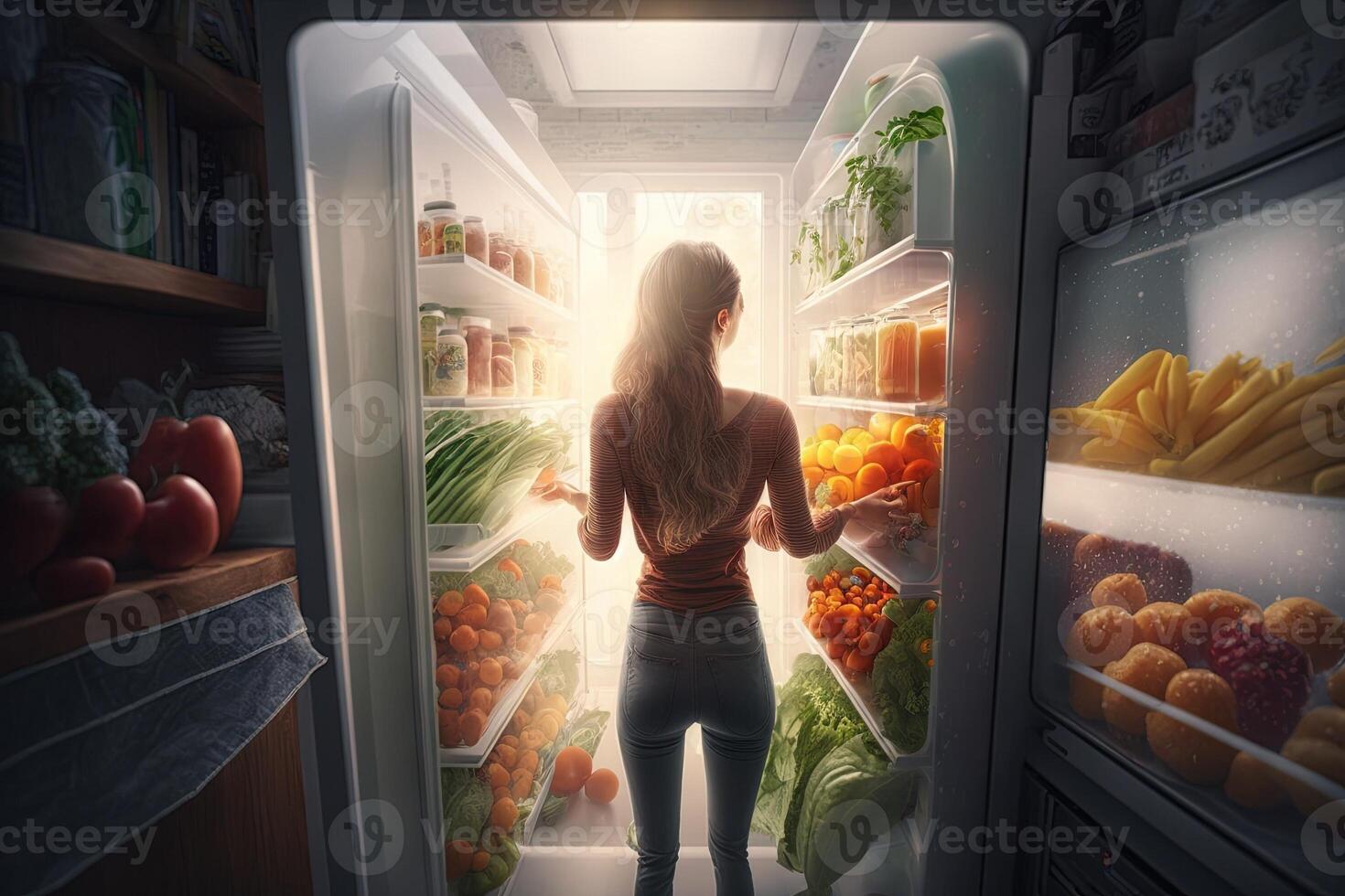 View from the back of Beautiful Young Woman Opens Fridge Door, Looks inside Takes out Vegetables. Woman Preparing Healthy Meal Using Groceries full of Healthy illustration photo