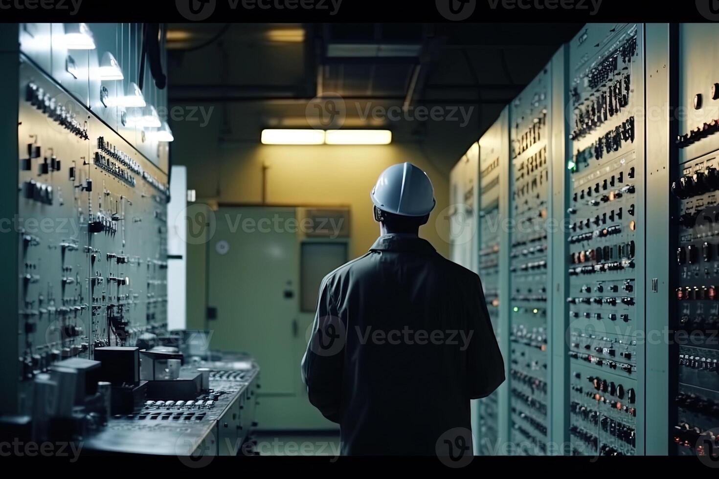 Electrical engineer working in control room. Electrical engineer man checking Power Distribution Cabinet in the control room illustration photo