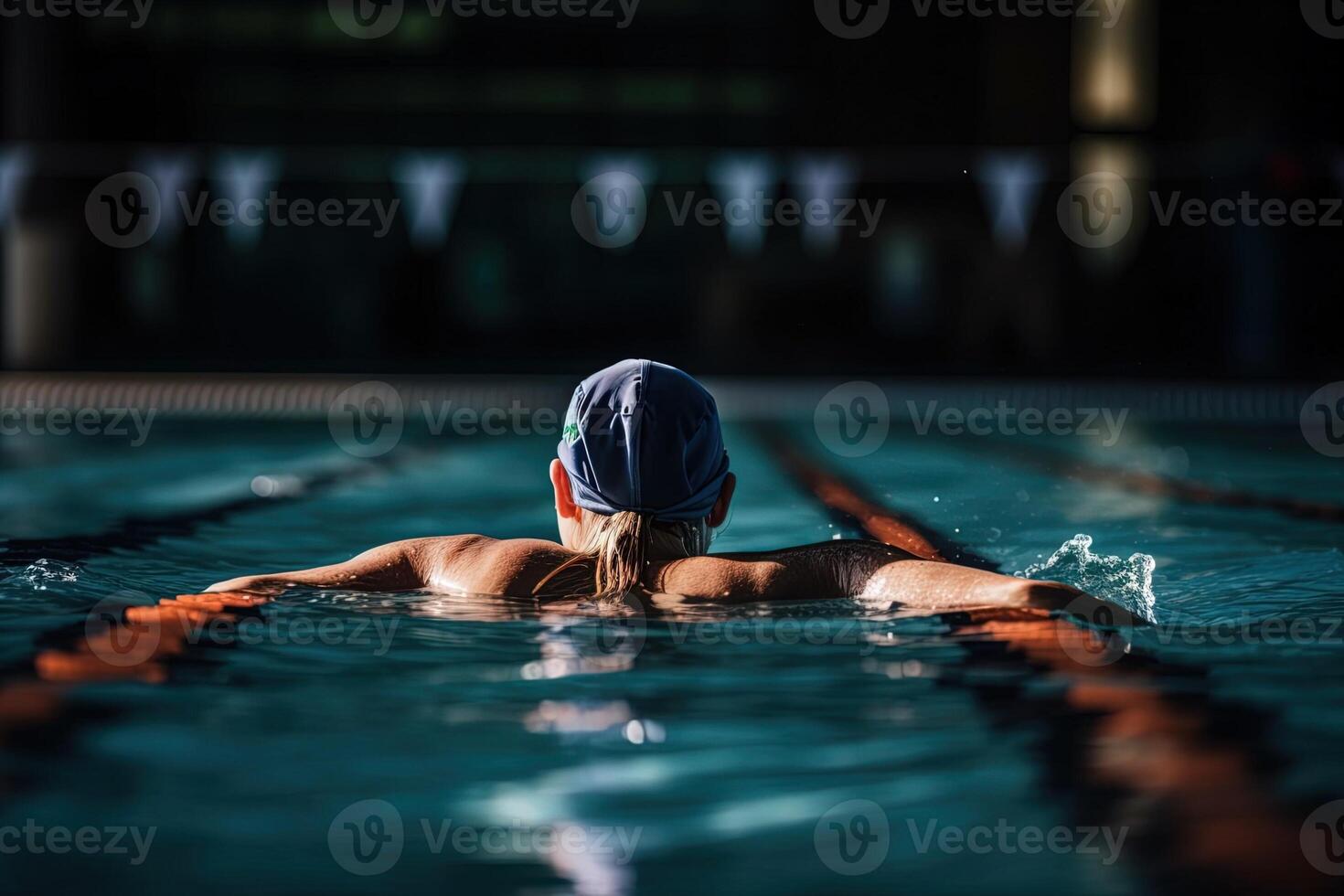 espalda ver de muscular nadador en nadando gorra y gafas de protección formación a nadando piscina ilustración generativo ai foto