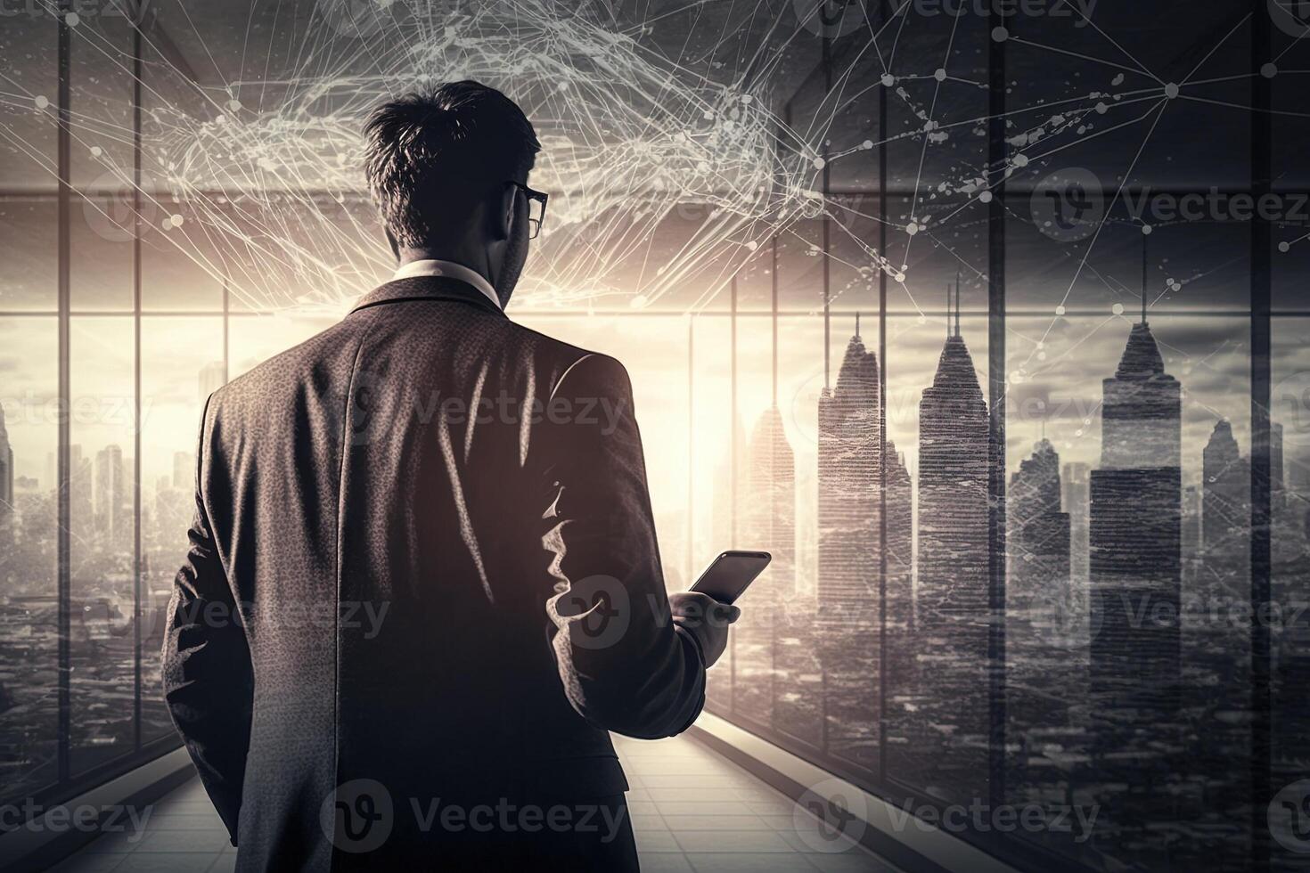 view from the back of a Businessman using mobile smart phone. Global corporate internet connection application technology and digital marketing, financial illustration photo