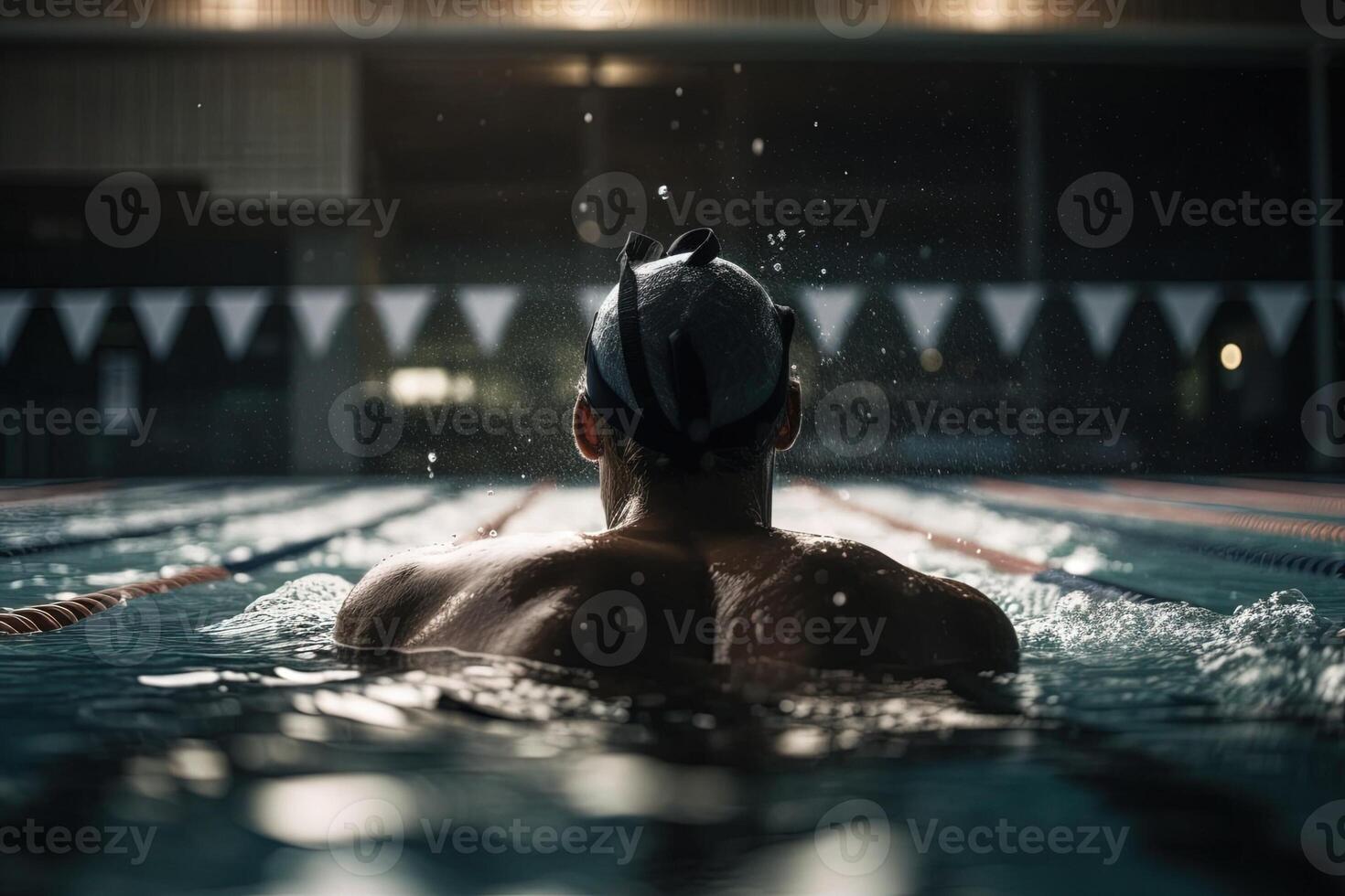back view of muscular swimmer in swimming cap and goggles training at swimming pool illustration photo