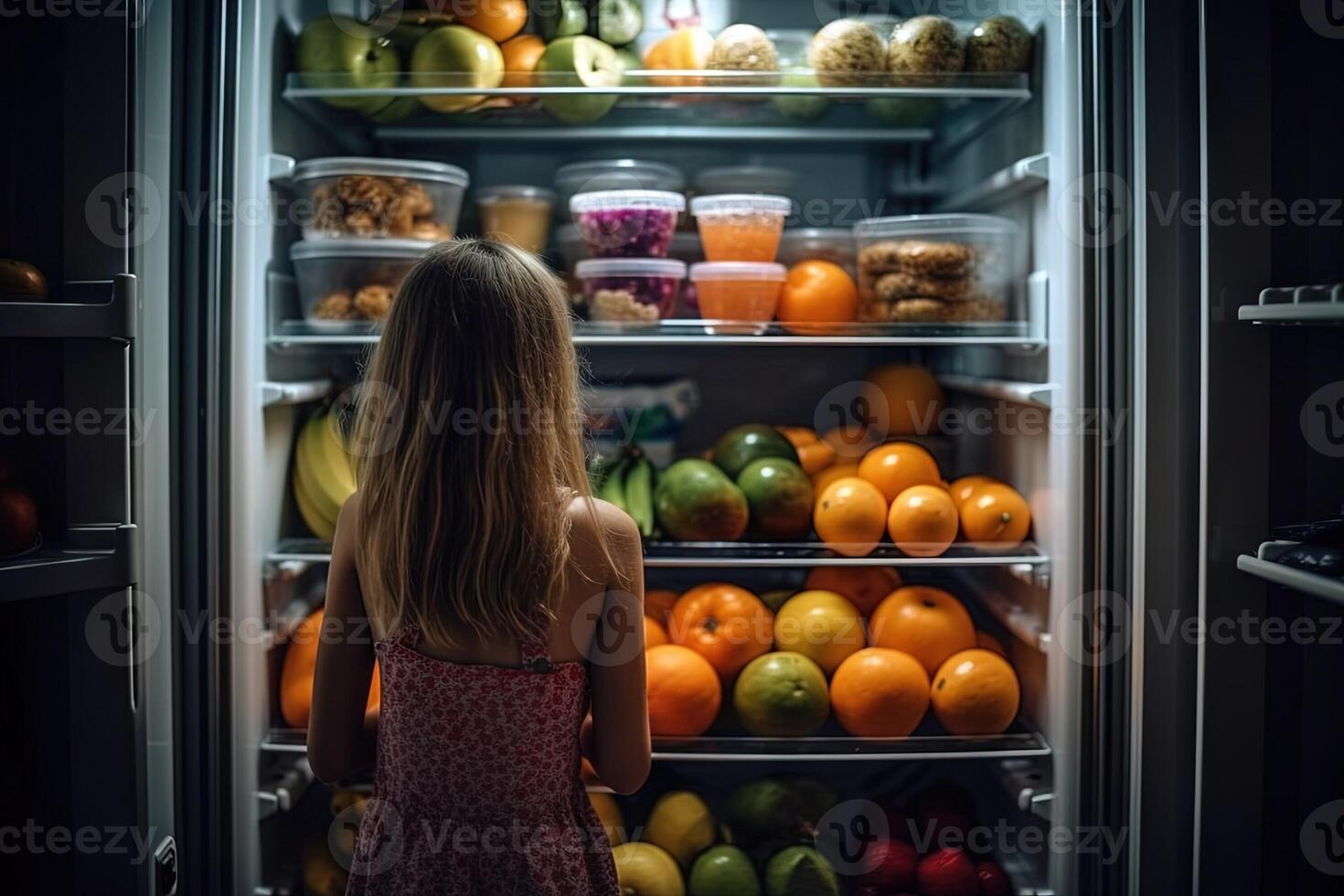 niña en frente de abierto refrigerador lleno de sano comida ilustración generativo ai foto