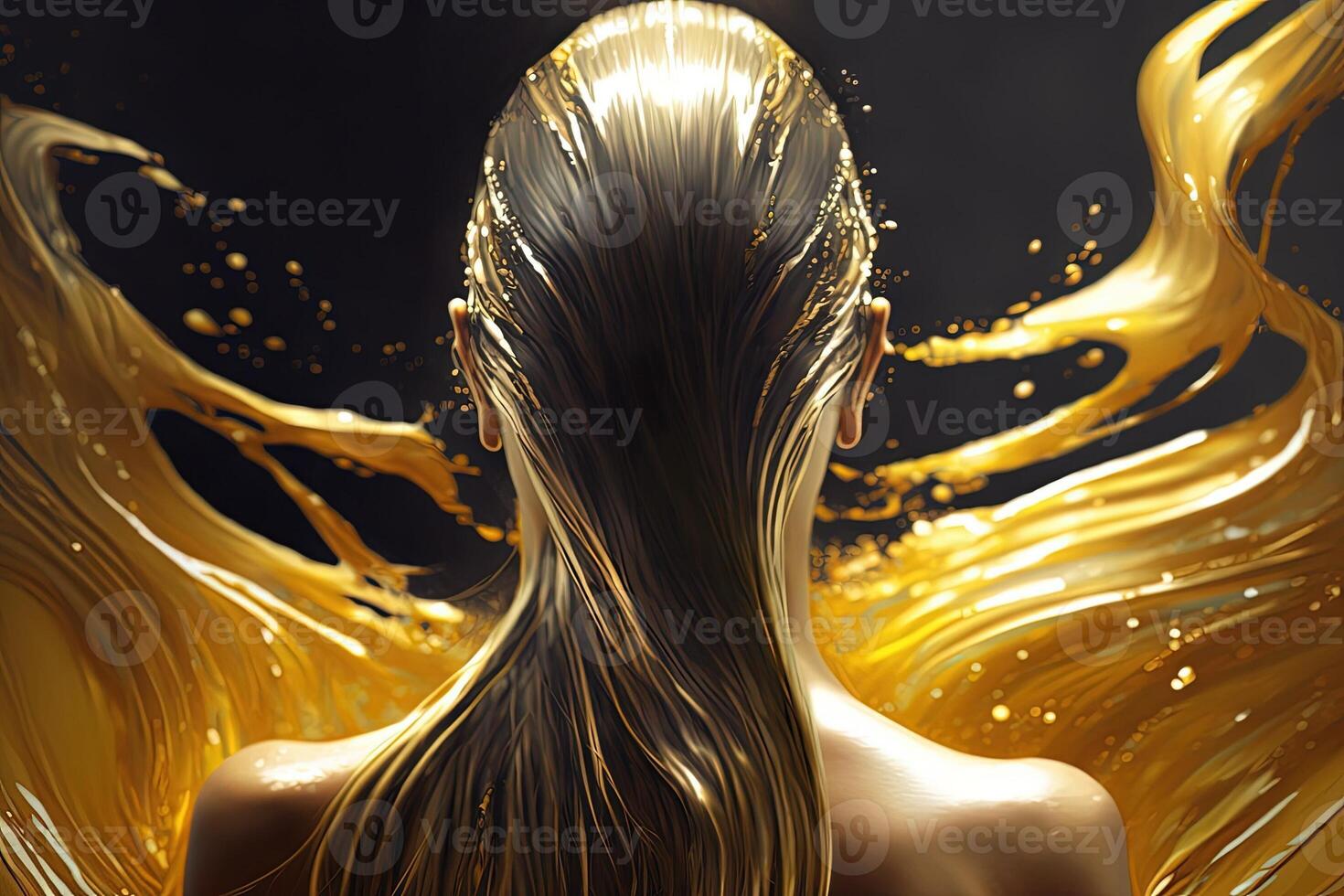beautiful woman swimming in liquid gold view from the back illustration photo