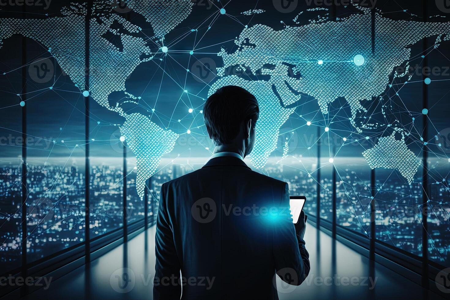 view from the back of a Businessman using mobile smart phone. Global corporate internet connection application technology and digital marketing, financial illustration photo