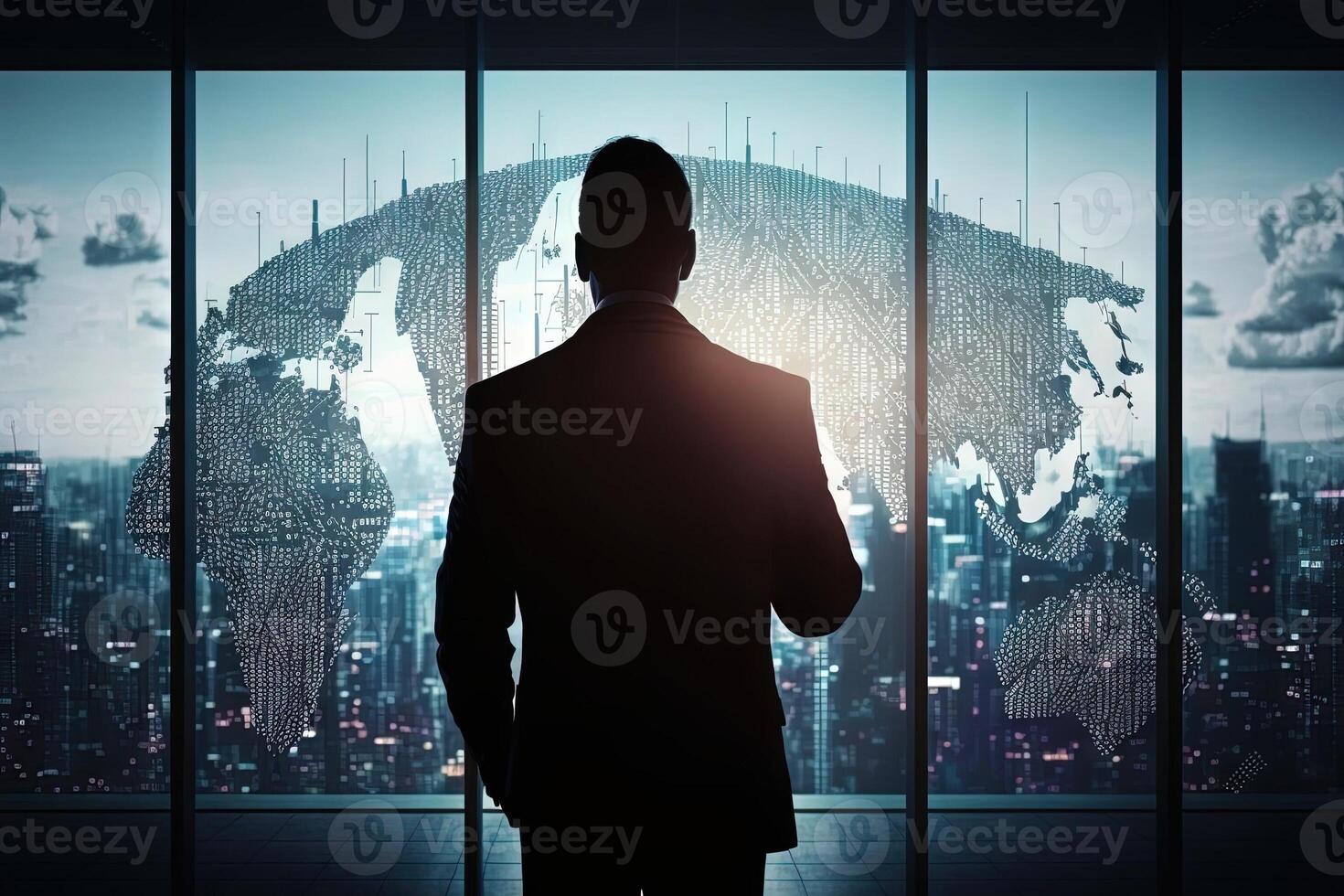 view from the back of a Businessman using mobile smart phone. Global corporate internet connection application technology and digital marketing, financial illustration photo