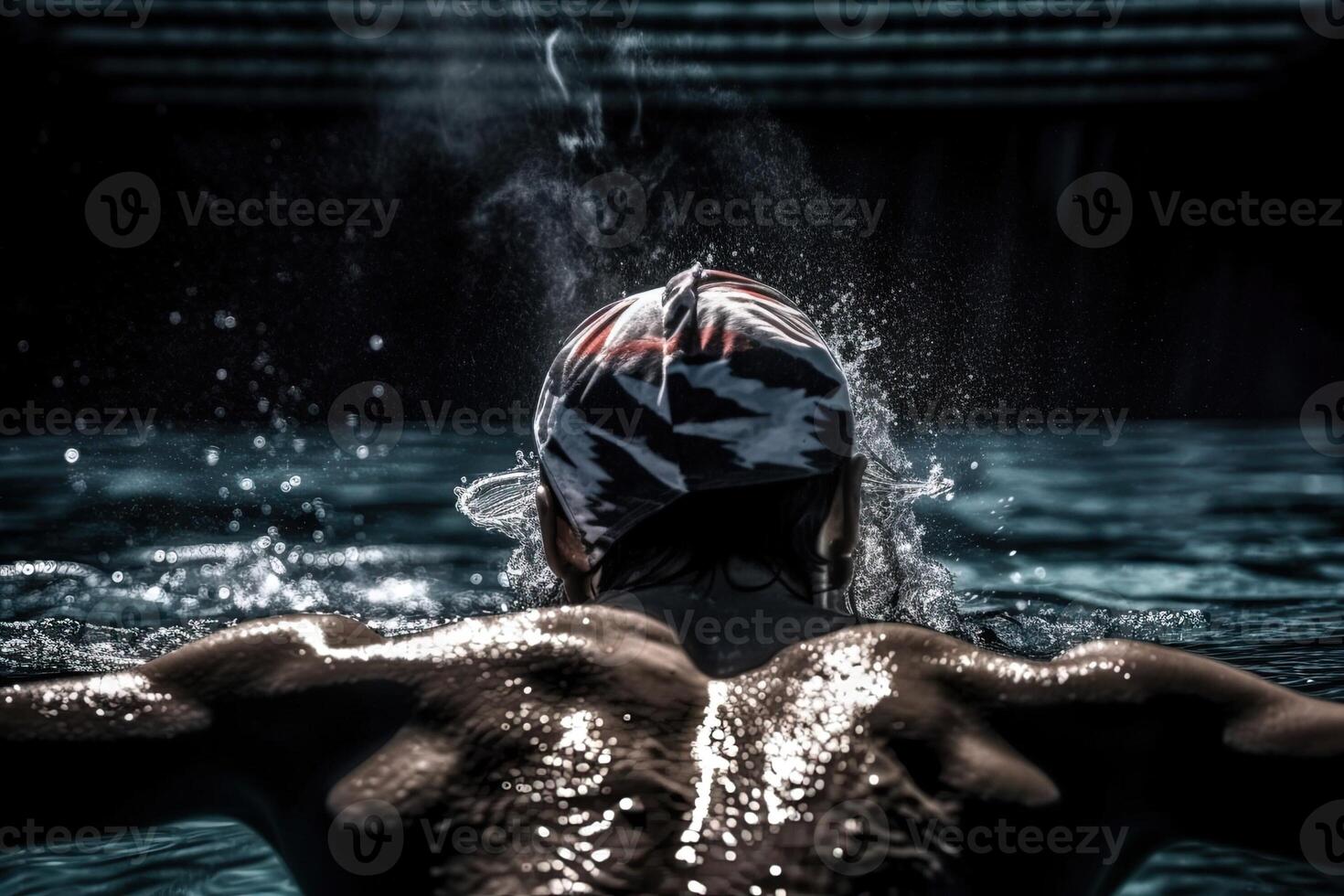 back view of muscular swimmer in swimming cap and goggles training at swimming pool illustration photo