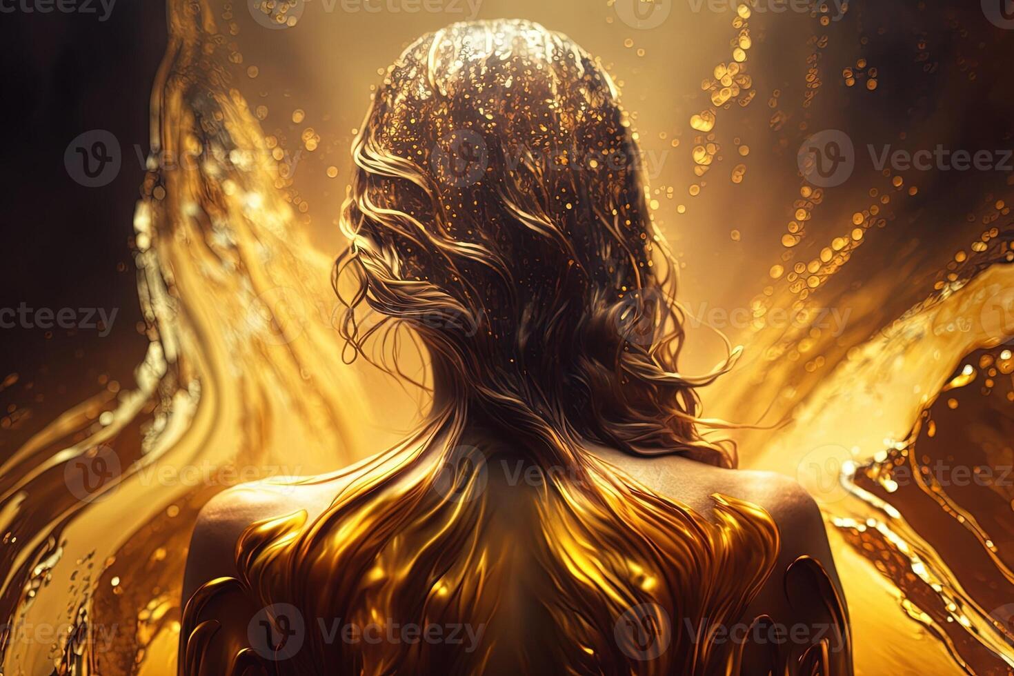 beautiful woman swimming in liquid gold view from the back illustration photo