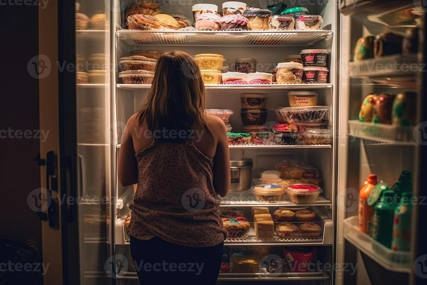 grasa mujer en frente de abierto refrigerador lleno de basura comida ilustración generativo ai foto